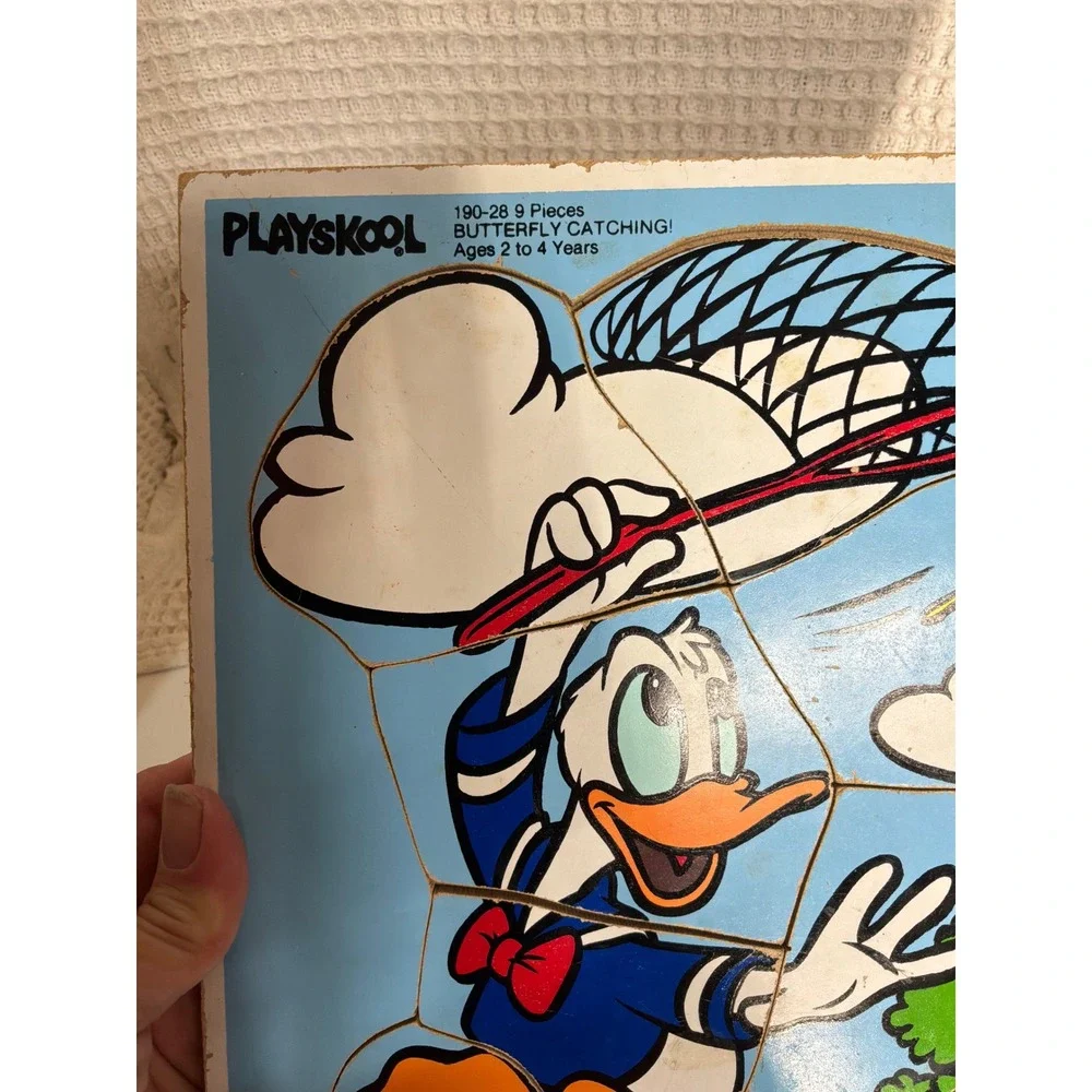 Vintage Unisex Playskool Donald Duck Wood Tray Puzzle 9pc Blue